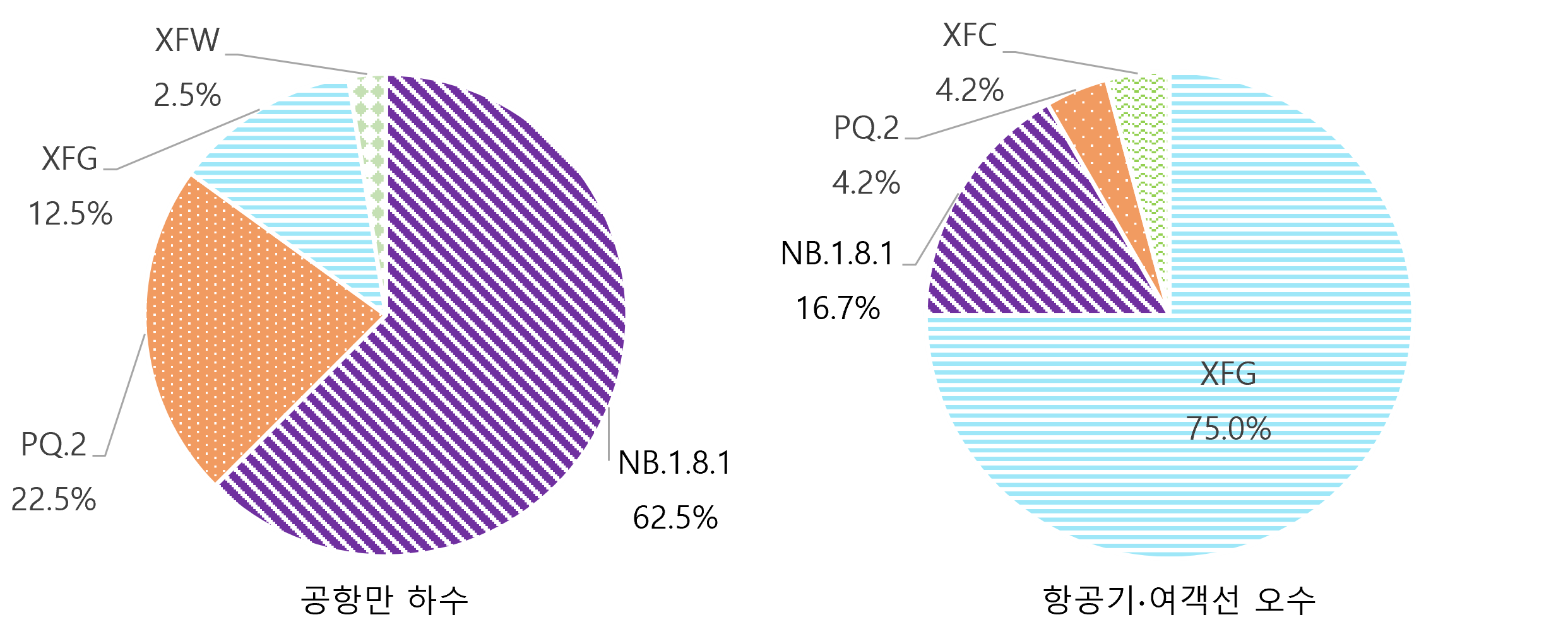 공항만하수 NB.1.8.1 62.5% PQ.2 22.5% XFG 12.5% XFW 2.5% 항공기,여객선 오수 XFG 75.0% NB.1.8.1 16.7% PQ.2 4.2% XFC 4.2%