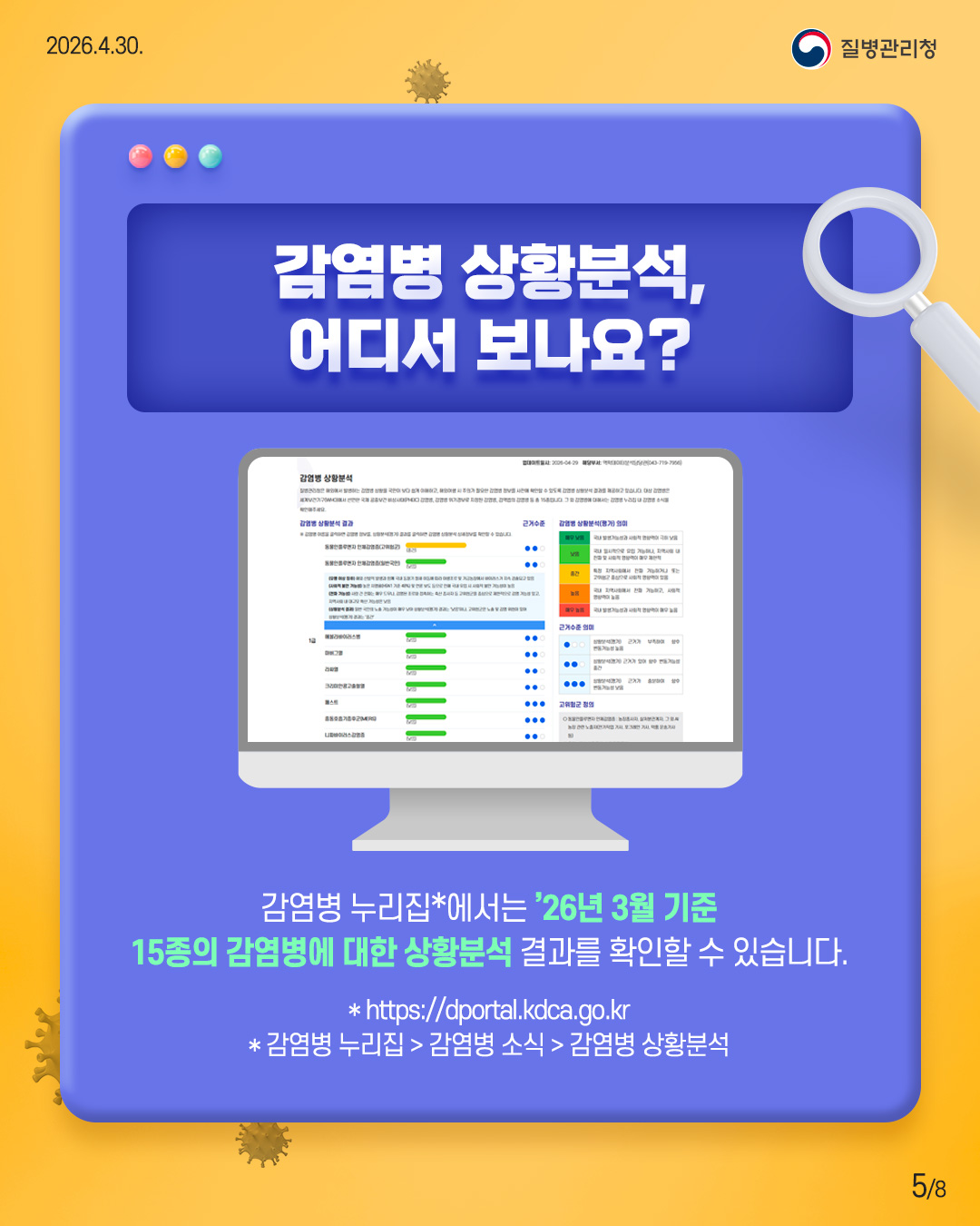 감염병 상황분석, 어디서 보나요? 감염병누리집에서는 '26년 3월 기준 15종의 감염병에 대한 상황분석 결과를 확인할 수 있습니다. 