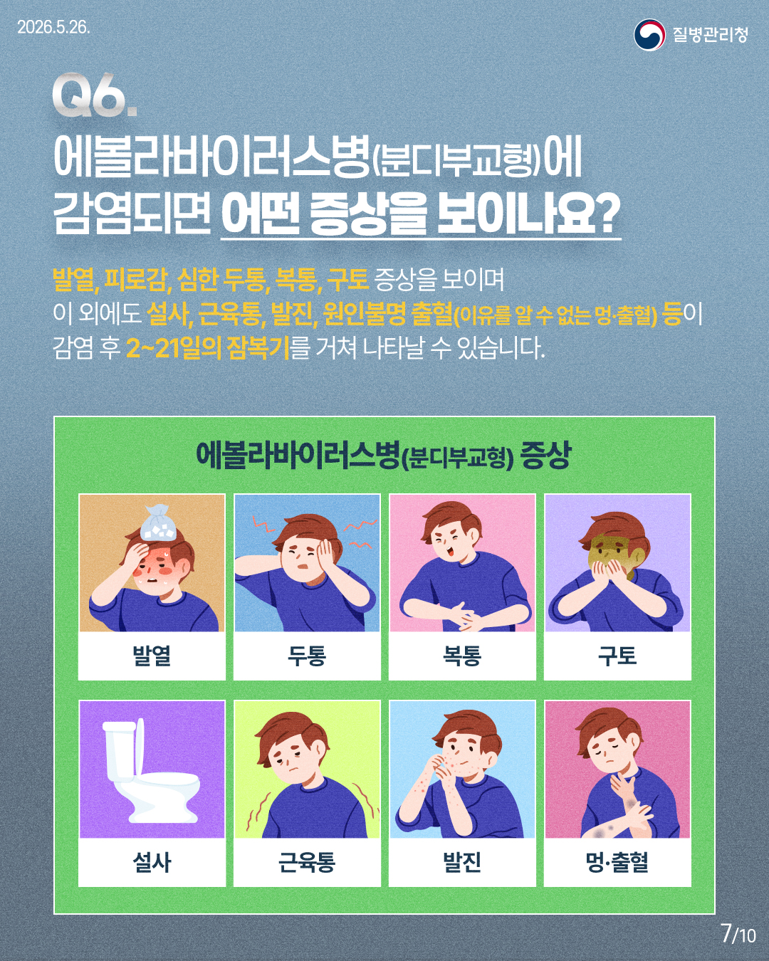 Q6. 에볼라바이러스병(분디부교형)에 감염되면 어떤 증상을 보이나요?